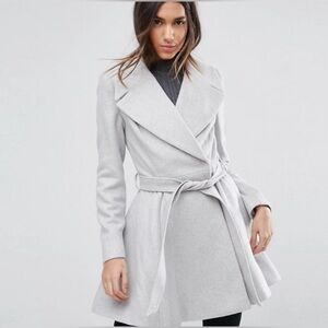 ASOS Skater Coat in Wool Blend With Oversized Collar and Self Belt Sz 16